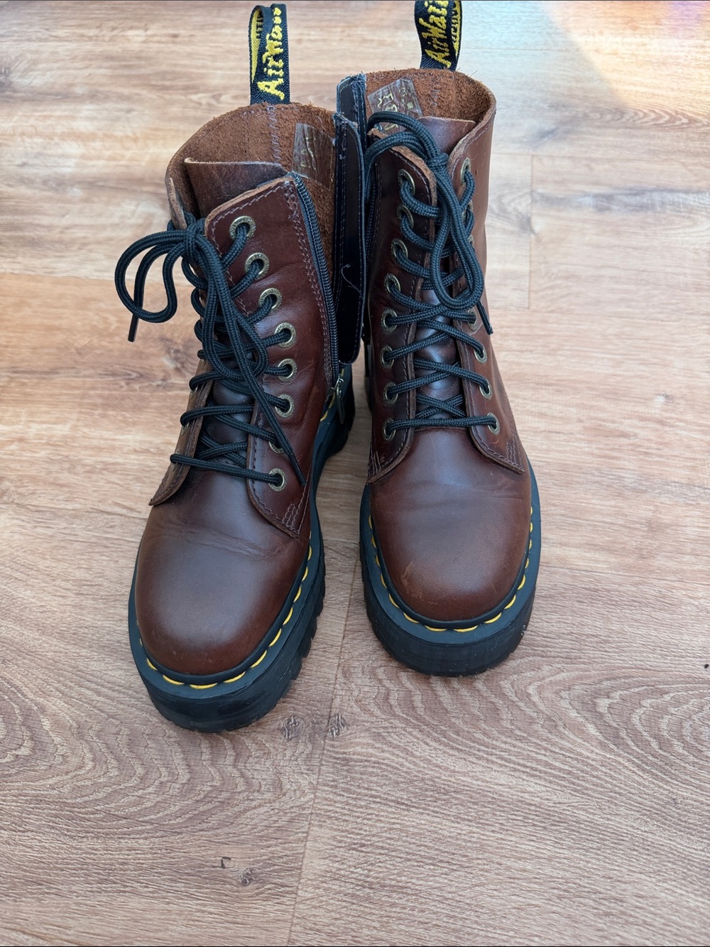 Dr. Martens Brown Leather Lace-Up Platform Boots with Yellow Stitching